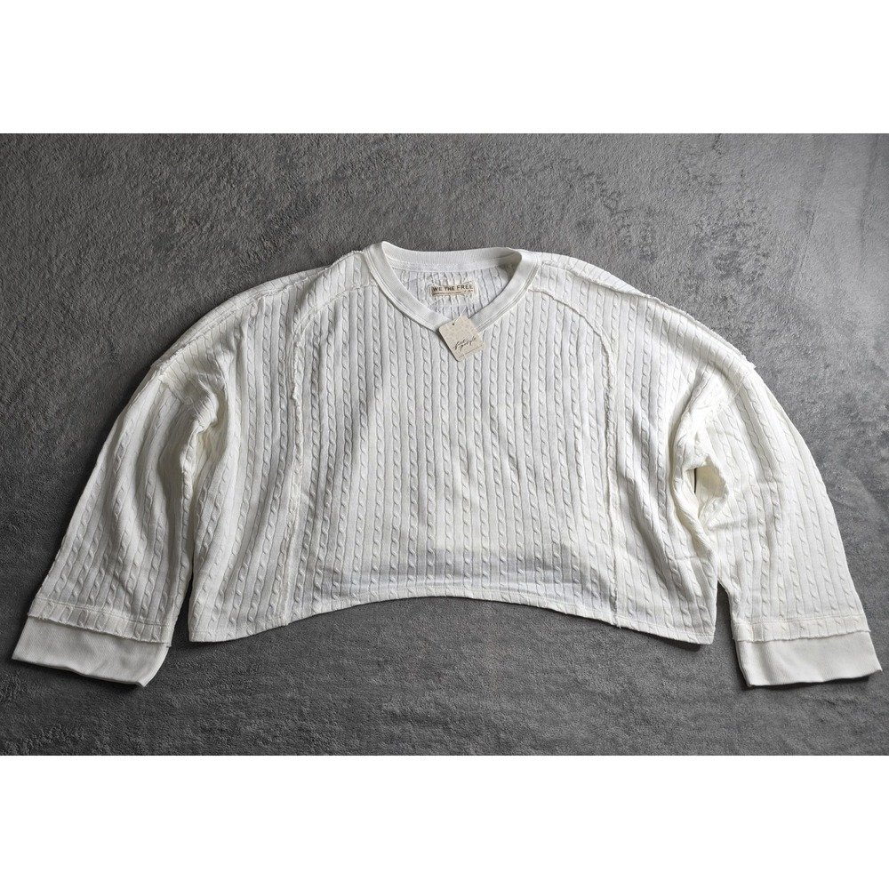 Free People Cable Knit Cropped Sweater Womens Small Ivory Long Sleeve Stretch
